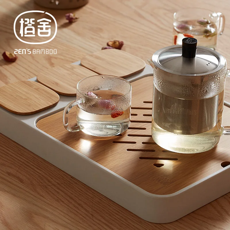 

ZEN'S BAMBOO Tea tray Multipurpose Kungfu Tea Tray Small Tea Table Serving Tray With 3 Mini Containers and Bamboo lids