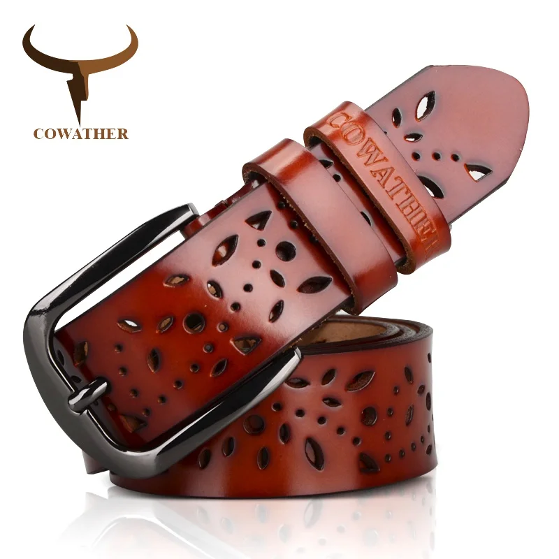 COWATHER Новинка 2019 натуральная кожа джинсы ремни для женщин полые спрессованные