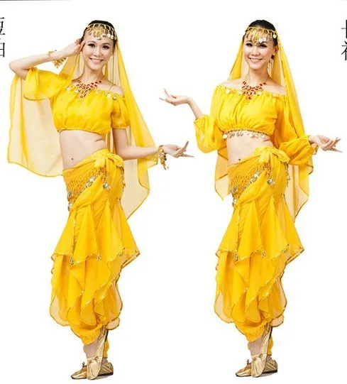 Скидка многоцветный танец живота одежда(длинные/топ с короткими рукавами, спина брюки, ремень цепочка) комплект из трех предметов Стадия Одежда для женщин - Цвет: Yellow short sleeve