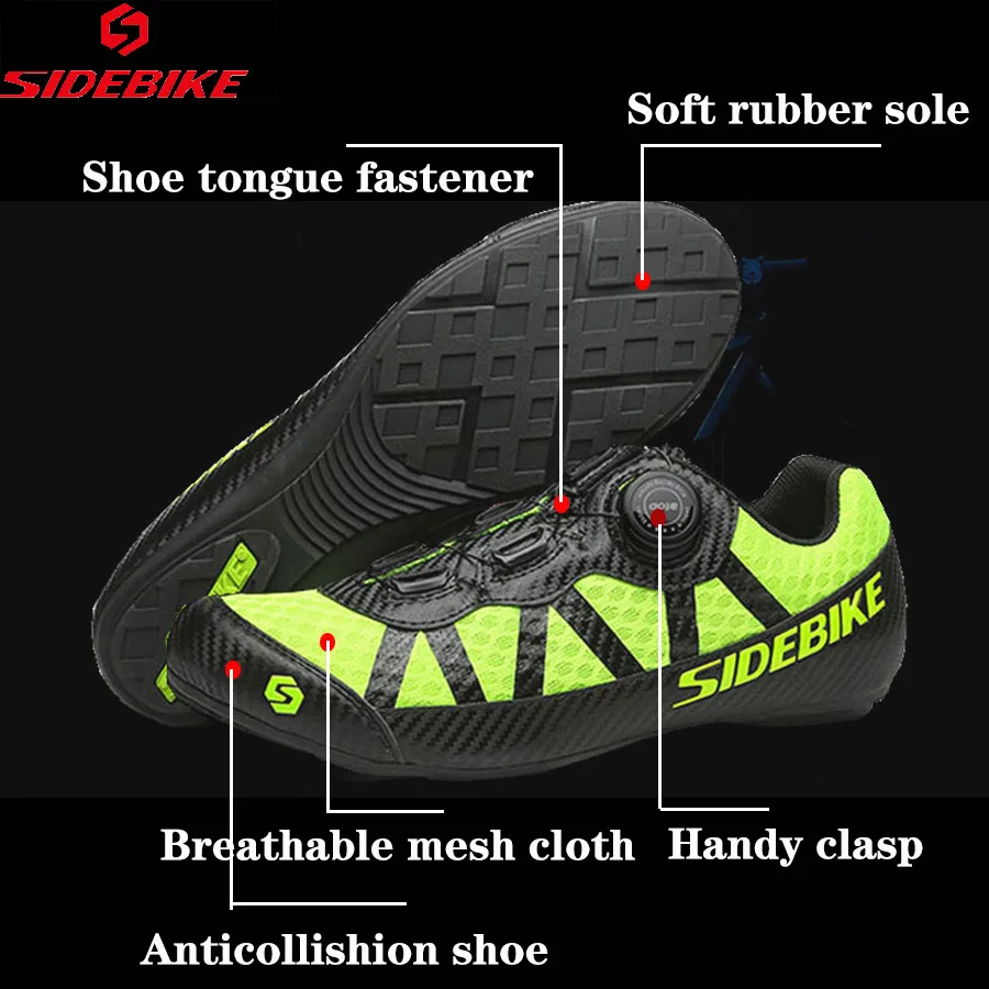 Zapatos de ciclismo de carretera de SIDEBIKE para Hombre Zapatos de bicicleta de carreras de carretera de bloqueo automático altavoces de bicicleta atléticos ultraligero profesional negro
