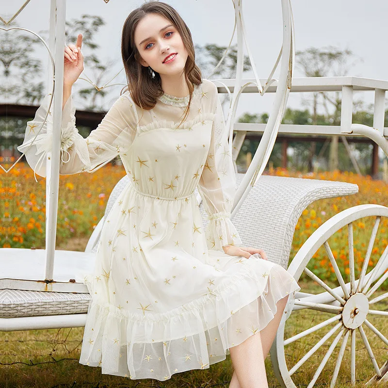 

Star Mesh Embroidered Dress, Early Spring Fairy Dress H9120, 2019