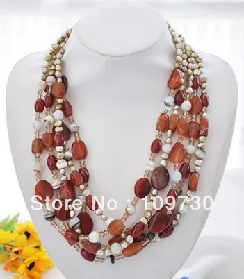 

Jewelry 002048 5row 20" gray baroque pearl red faceted agate crystal necklace