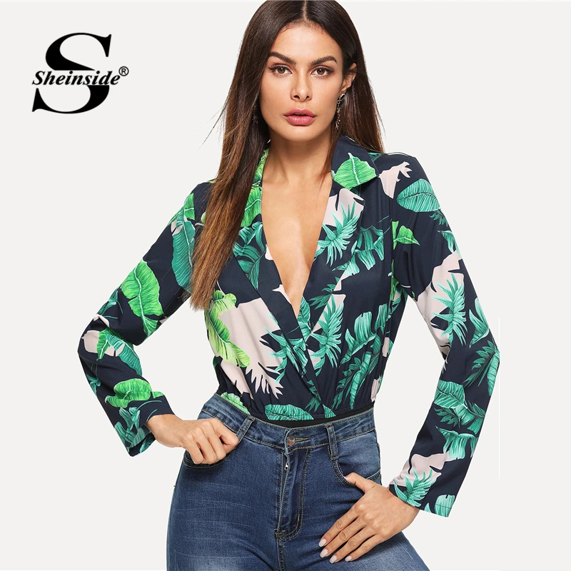 Sheinside Tropical Print Office Lady Bodysuit Multicolor V Neck Mid Waist Long Sleeve Elegant 2018 Women Autumn Casual Bodysuits