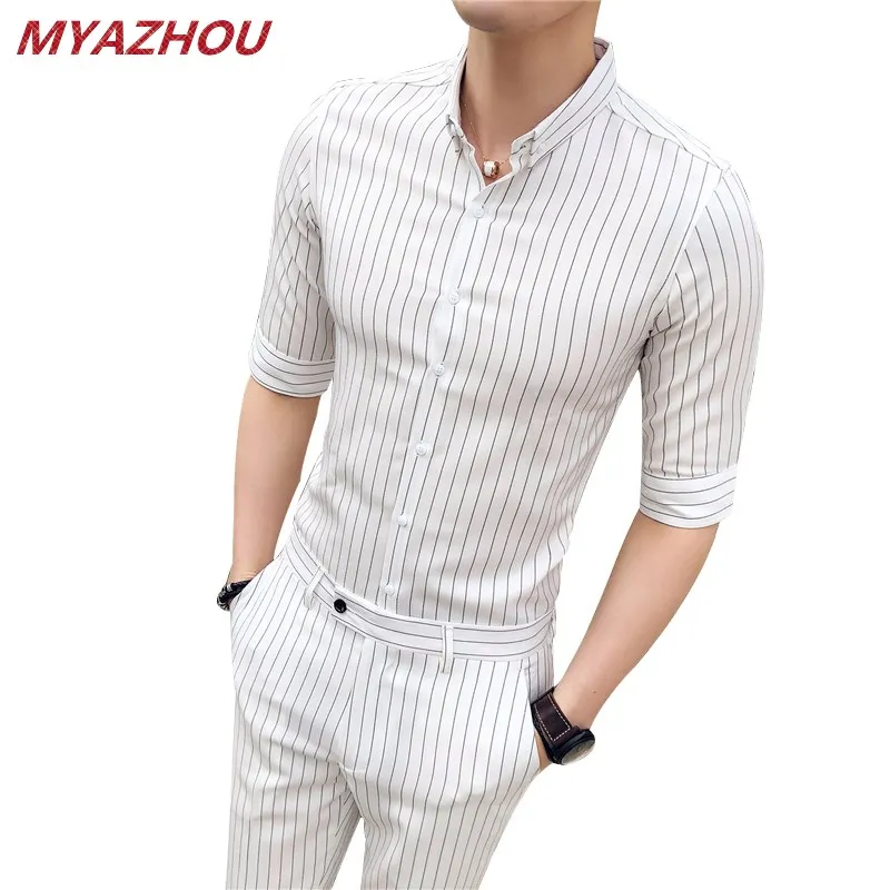 

Shirt + pants 2019 summer trend men's black and white striped seven-point sleeve shirt fashion slim men's boutique trousers suit