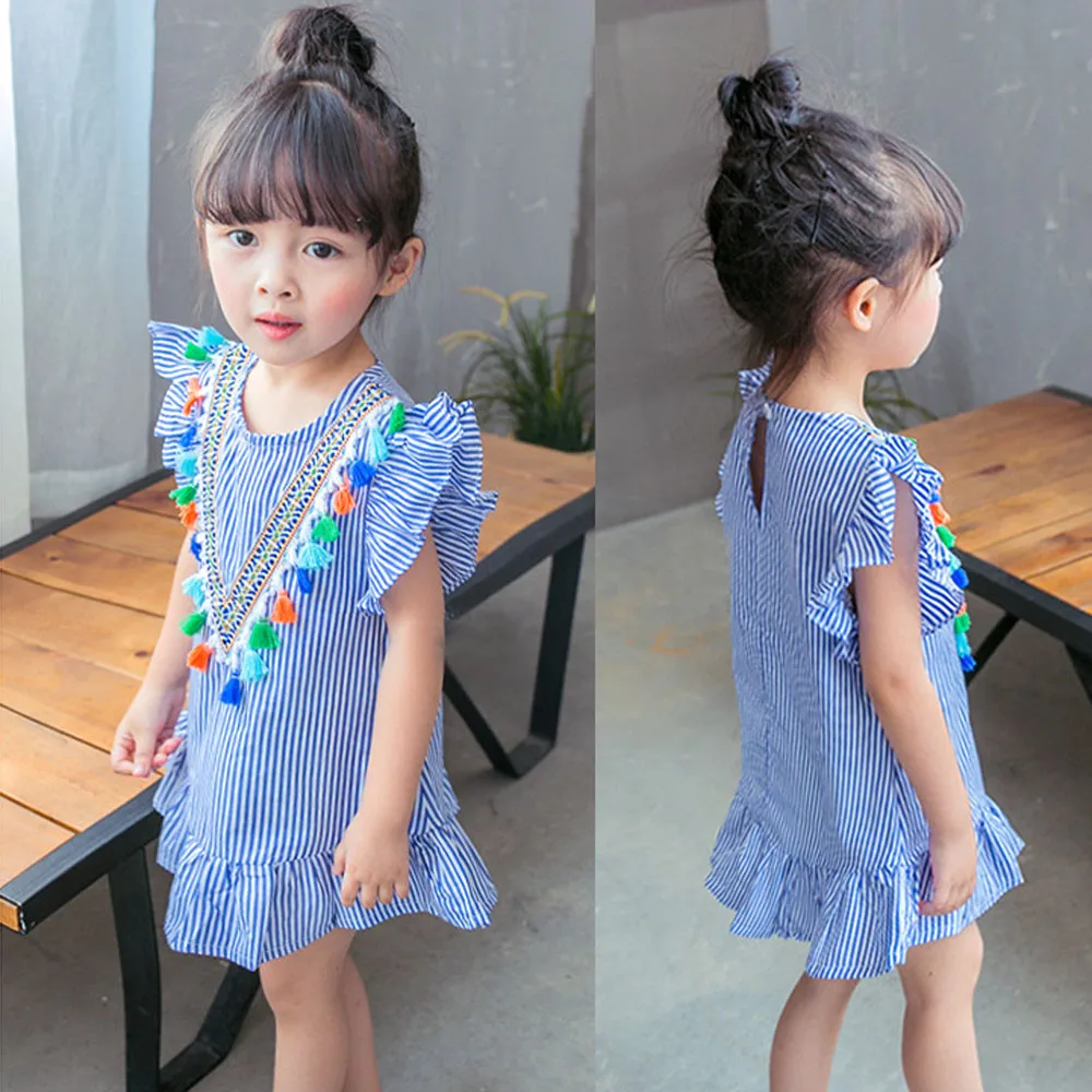 

BABYWORLD 3Y-7Y New Fashion Summer Baby Girls Clothing Stripe Tassel Ruffles Small Fresh Style Party Princess Dress For Girls