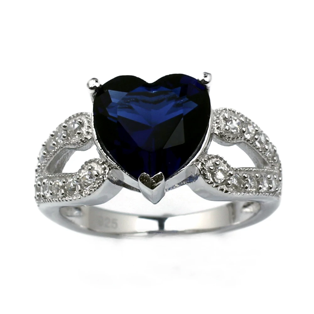Одноцветное S925 кольцо стерлингового серебра Для женщин ювелирные изделия 10 мм Сердце Форма темно-синий камень подарок для любителя r007bs