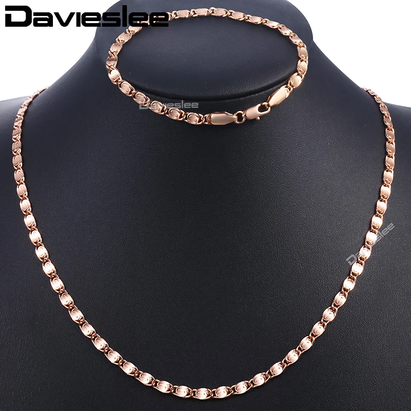 

Davieslee Rose Gold Bracelet Neckalce Jewelry Sets For Women Men Snail Chain 2018 Fashion Dropshipping Jewelry Gifts 4mm DGS181