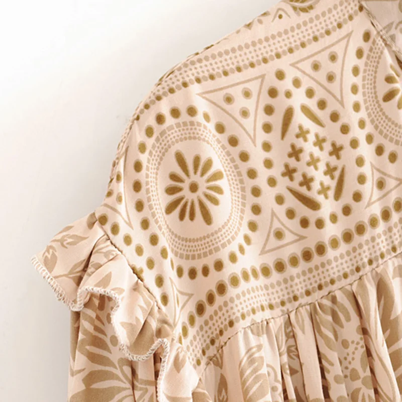 Женское винтажное мини платье boho гофрированное пляжное с цветочным принтом и