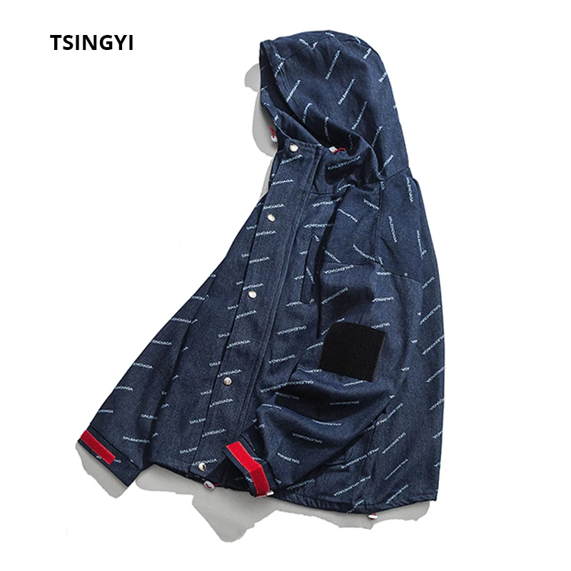 Tsingyi Spring Hooded Men Denim Jacket Print Letter Blue Mens Denim Jean Jackets Streetwear bombers homme Jackets for Men Coats