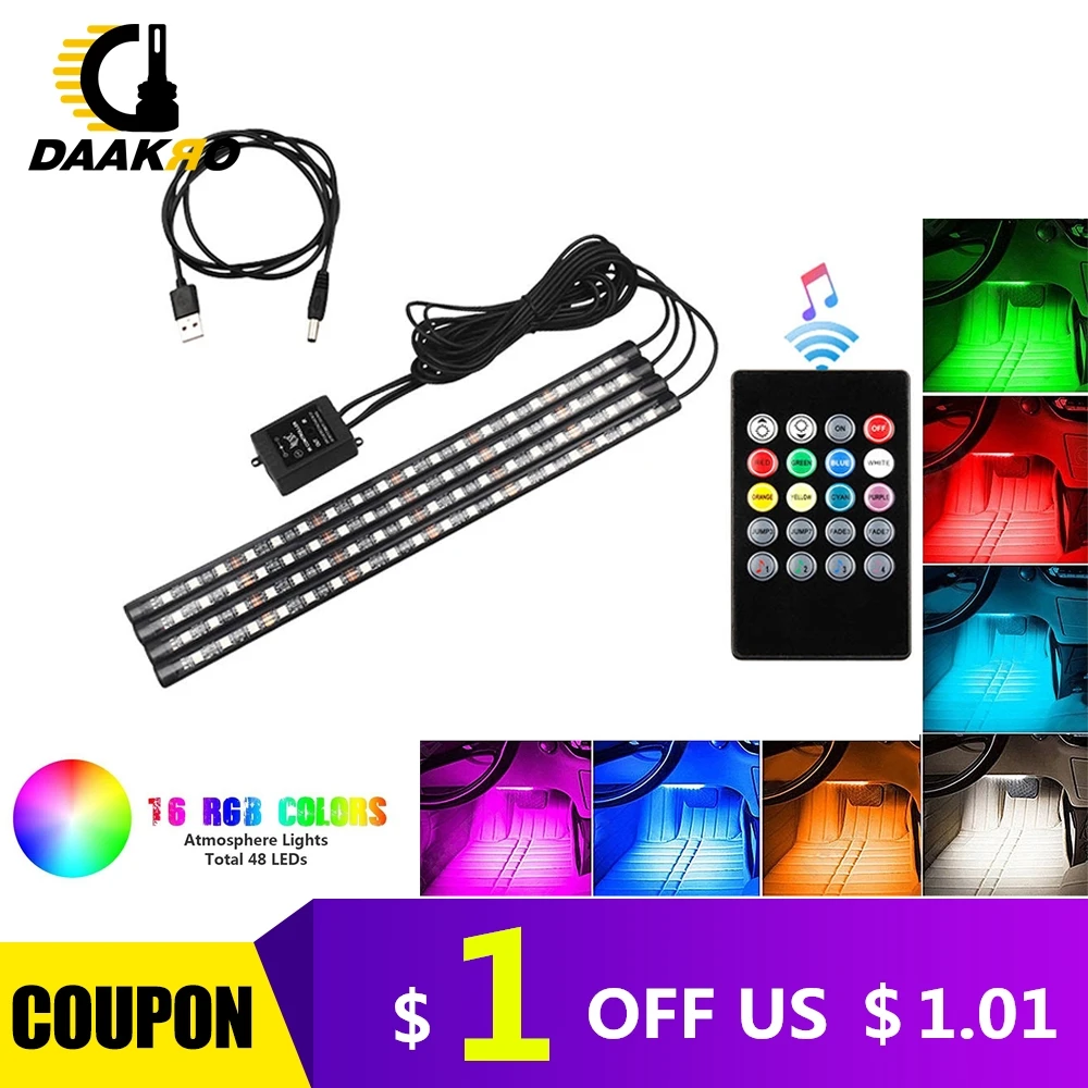 

4PCS Ultra Thin RGB 12 48 LED Car Auto Interior Neon Atmosphere Strip Light Music Remote Control Controller Colorful DC 12V 10W