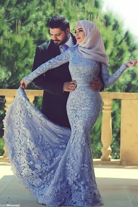 

Blue Muslim Evening Dresses 2019 Mermaid Long Sleeves Appliques Lace Scarf Islamic Dubai Saudi Arabic Long Elegant Evening Gown