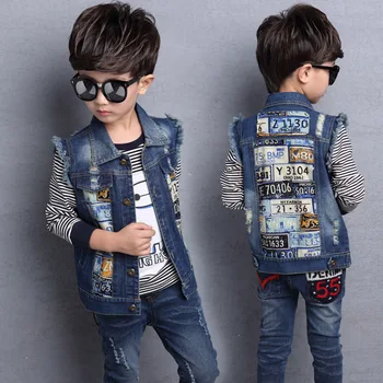 Teenage School Boy Denim Vests Spring Autumn 2018 Printed Jeans Jackets Fashionable Sleeveless Outerwear Cowboy Boy Waistcoats