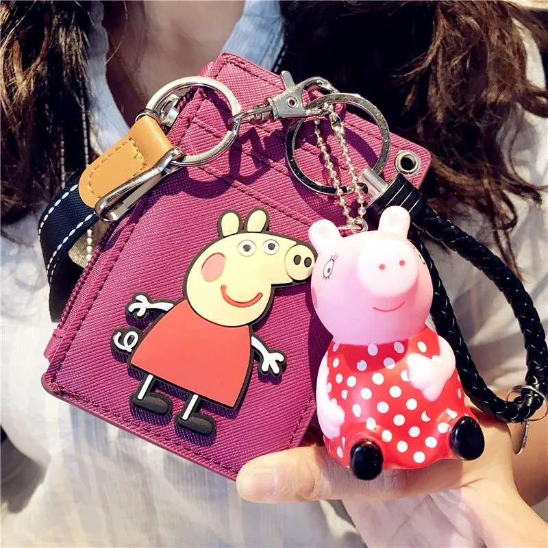 

HNXZXB New cartoon animal card bag animation PUvarious colors card bag key chain multi-function card zippe hanging neck card bag