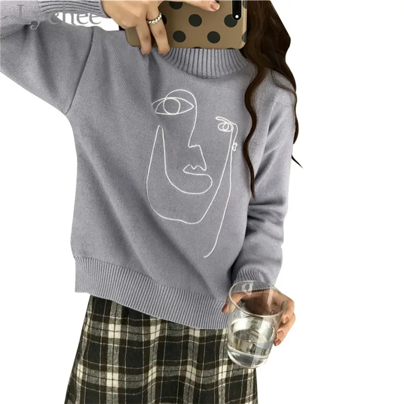 Lychee осень зима геометрический рисунок лица Вышивка женский свитер макет шеи с длинным рукавом мягкий Сплит пуловер свитер женский