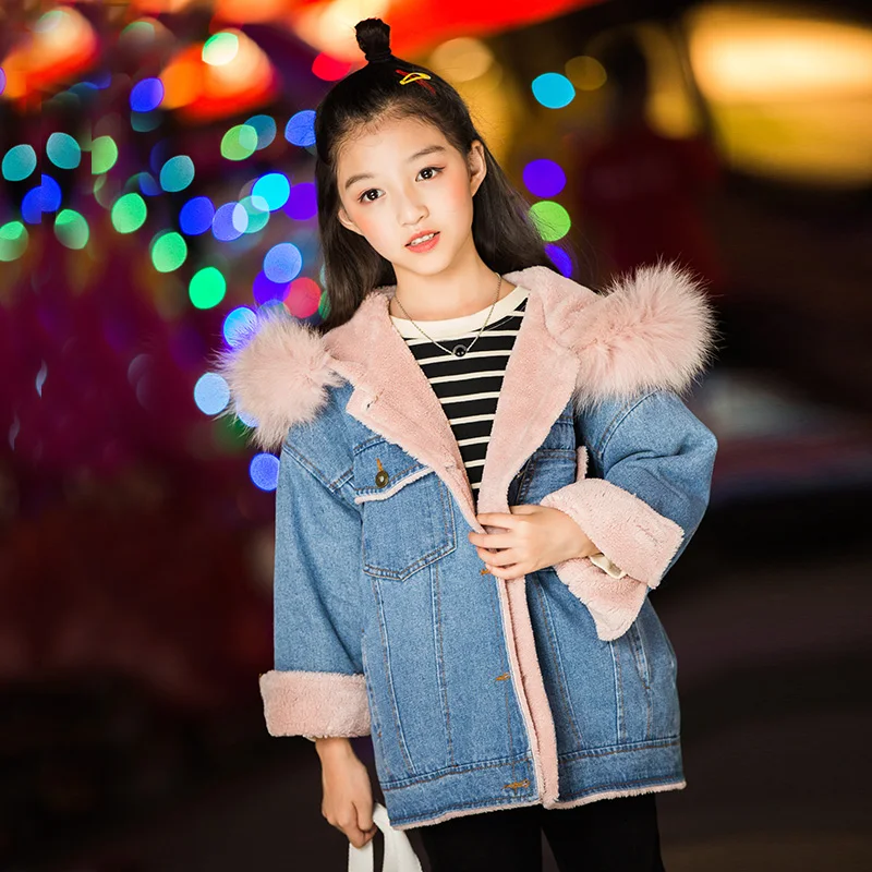 

Girls winter jacket 2018 new Korean version of the tide 12 big children 15 years old thick 8 children cowboy 9 plus velvet shirt