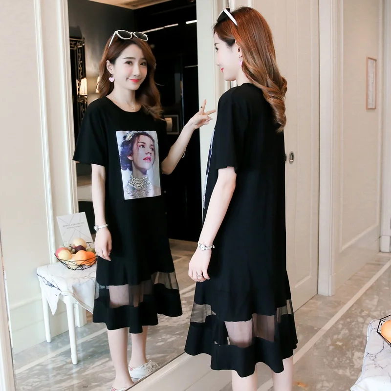 

2019 summer new mesh stitching cartoon print long dress pregnant women dress pregnancy skirt