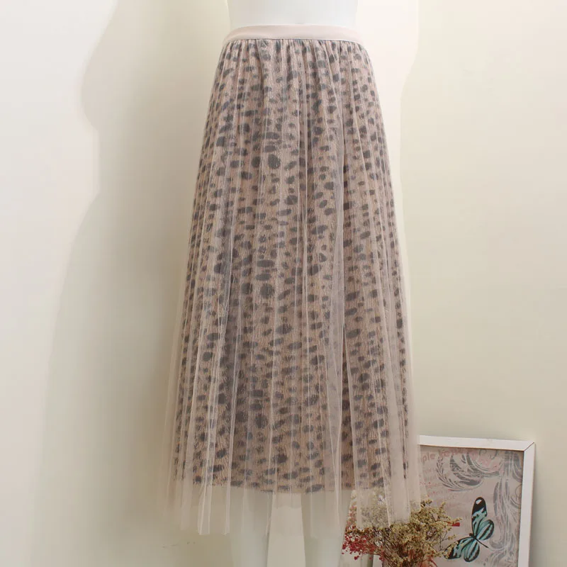 Леопардовые сетчатые гофрированные длинные юбки до середины икры новые весенние винтажные тюлевые юбки трапециевидной формы с кисточками - Цвет: ivory