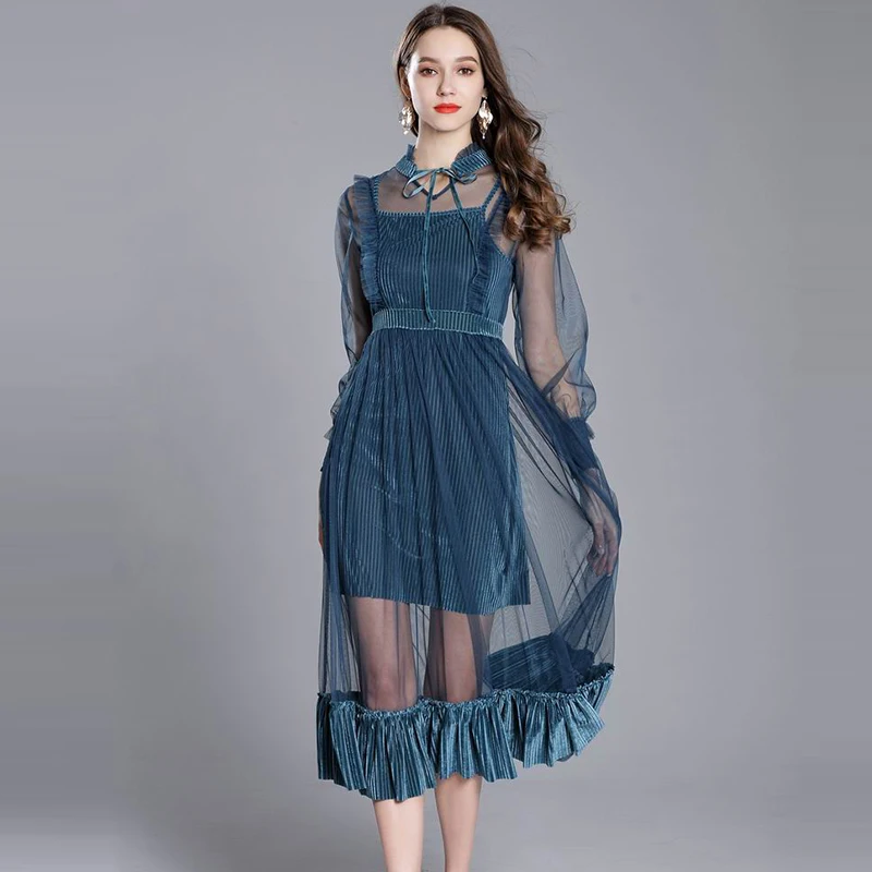 Summer European Style Sexy Women See through Mesh Velvet Dress Long