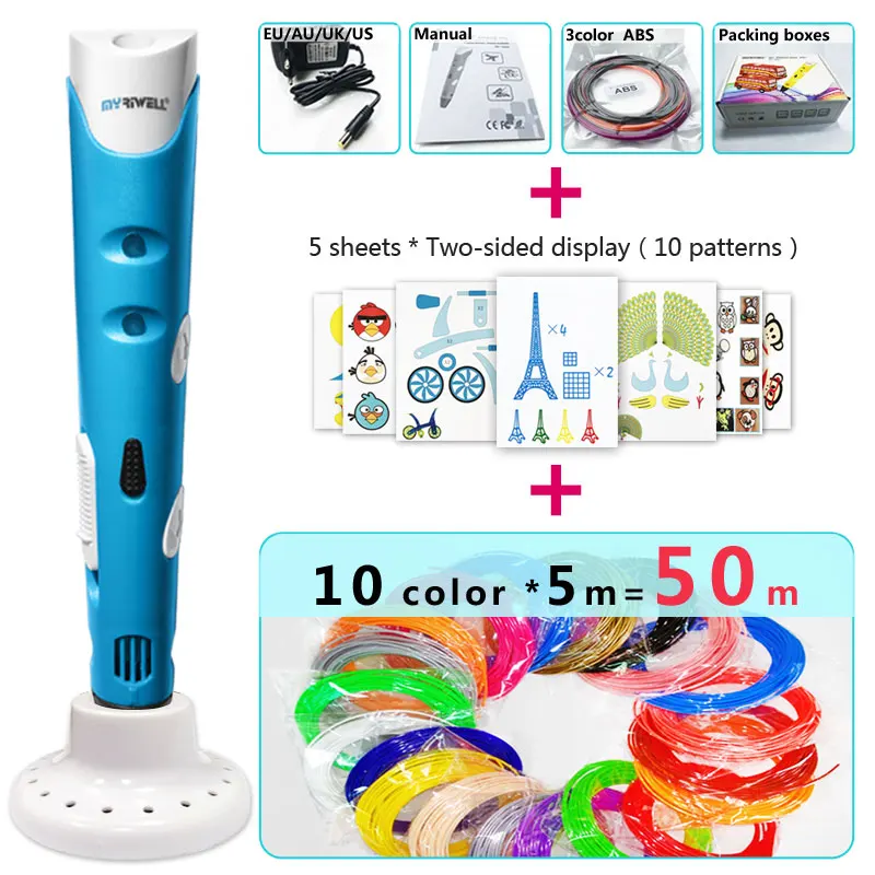 Myriwell 3d Ручка 3d ручки, 1,75 мм ABS/PLA нити, 3 d pen3d модель, Creative3d ручка doodler, лучший подарок для детей - Цвет: Blue pen Package 4