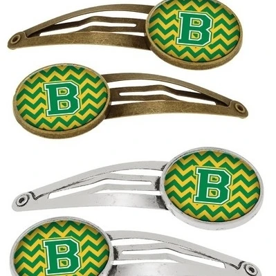 Carolines Treasures CJ1059-BHCS4 Letter B Chevron Green & Gold Barrettes Hair Clips Set of 4 (1)