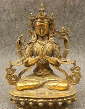 

USPS to USA S1269 8" Tibet Bronze Gilt 4 Hands Chenrezig Buddha Kwan-yin Bodhisattva Seat Statue (B0328)