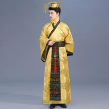 Взрослый Китайский традиционный ханьфу платье для мужчин император король сцена желтая одежда Тан костюм костюмы мужской Халат+ шляпа наборы F376