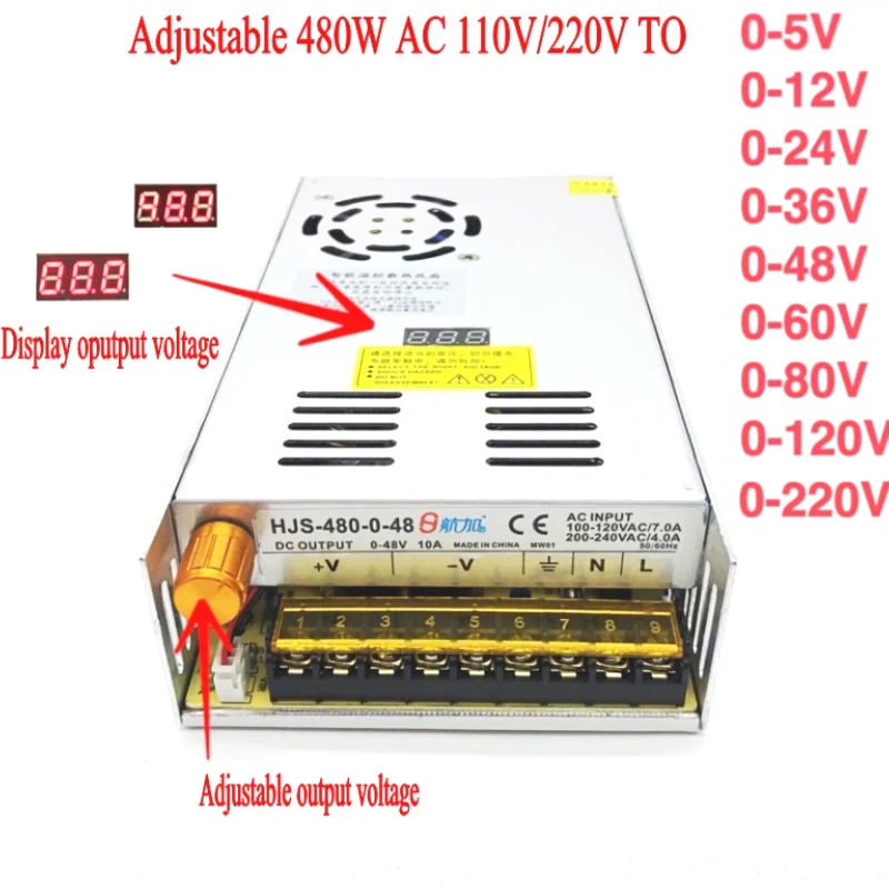 AC-DC преобразователь 110 В 220 В в постоянный ток 12 В 24 в 36 в 48 в 60 в 80 в 120 в 480 Вт Цифровой дисплей Регулируемый импульсный источник питания