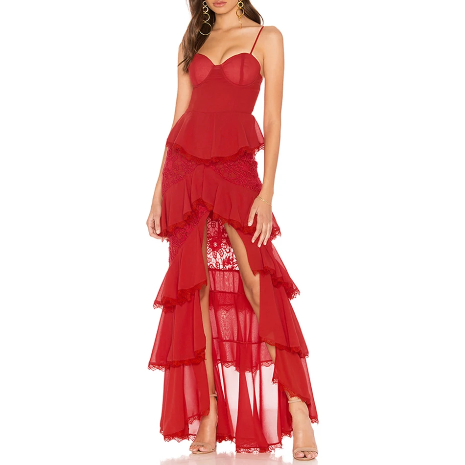 

DressBird Women Summer Bandage Bodycon Party Dress Sexy Ruffles Lace Spaghetti Strap Red Dress Elegant Maxi Evening Party Dress