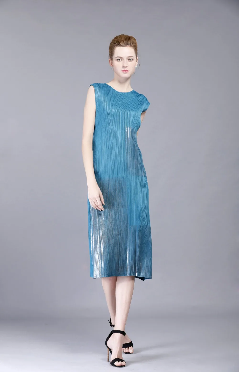 Miyake прижимная коса асимметричное бронзовое шоу тонкое платье модное платье без рукавов