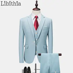 Для мужчин формальные голубой Костюмы комплект из 3 предметов Slim Костюмы Блейзер Куртки жилет брюки одна кнопка свадебное платье Smart