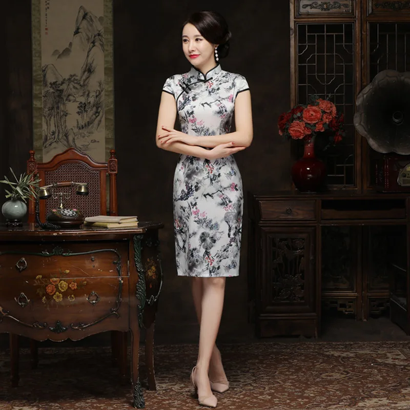Воротник-стойка сексуальная длина до колена платье китайское традиционное Стиль Cheongsam элегантный женские ручной работы и пуговицы платье