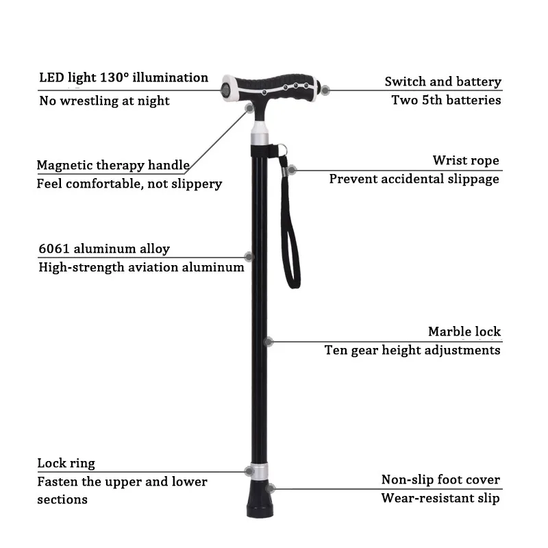 ANXIAOKANG Safe Reliable Old Man Crutches Retractable Massage Led Light T Handle Cane Tips for Poles Walking Stick for Elderly