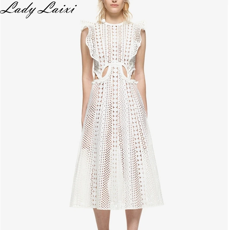 

2019 Summer Self-portrait Runway desigher dress woman white lace dress sleeveless ruffle hollow out sexy high-end party dress