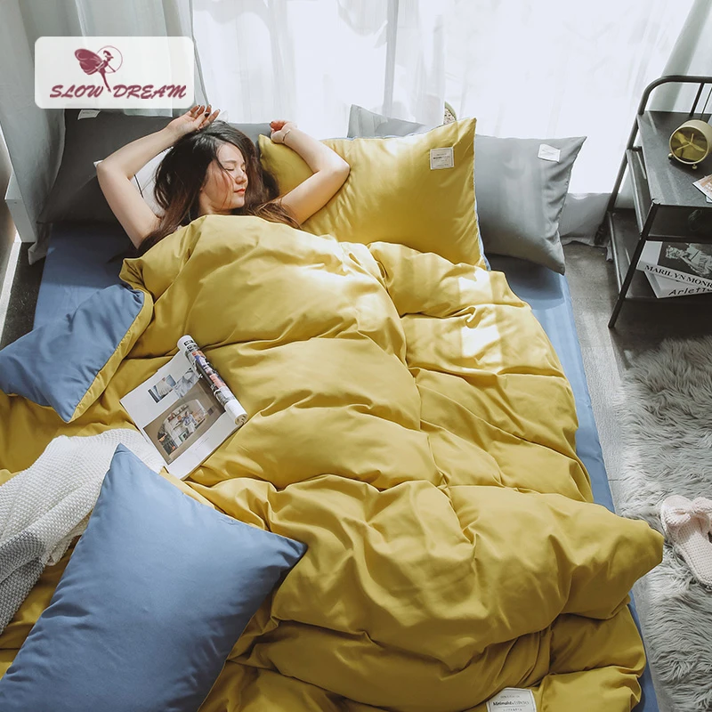

SlowDream Yellow Bedspread Blue Bed Flat Sheet 4pcs Bedding Set Bed Sheet Double Queen Duvet Cover Japan Style Single Nordic Bed