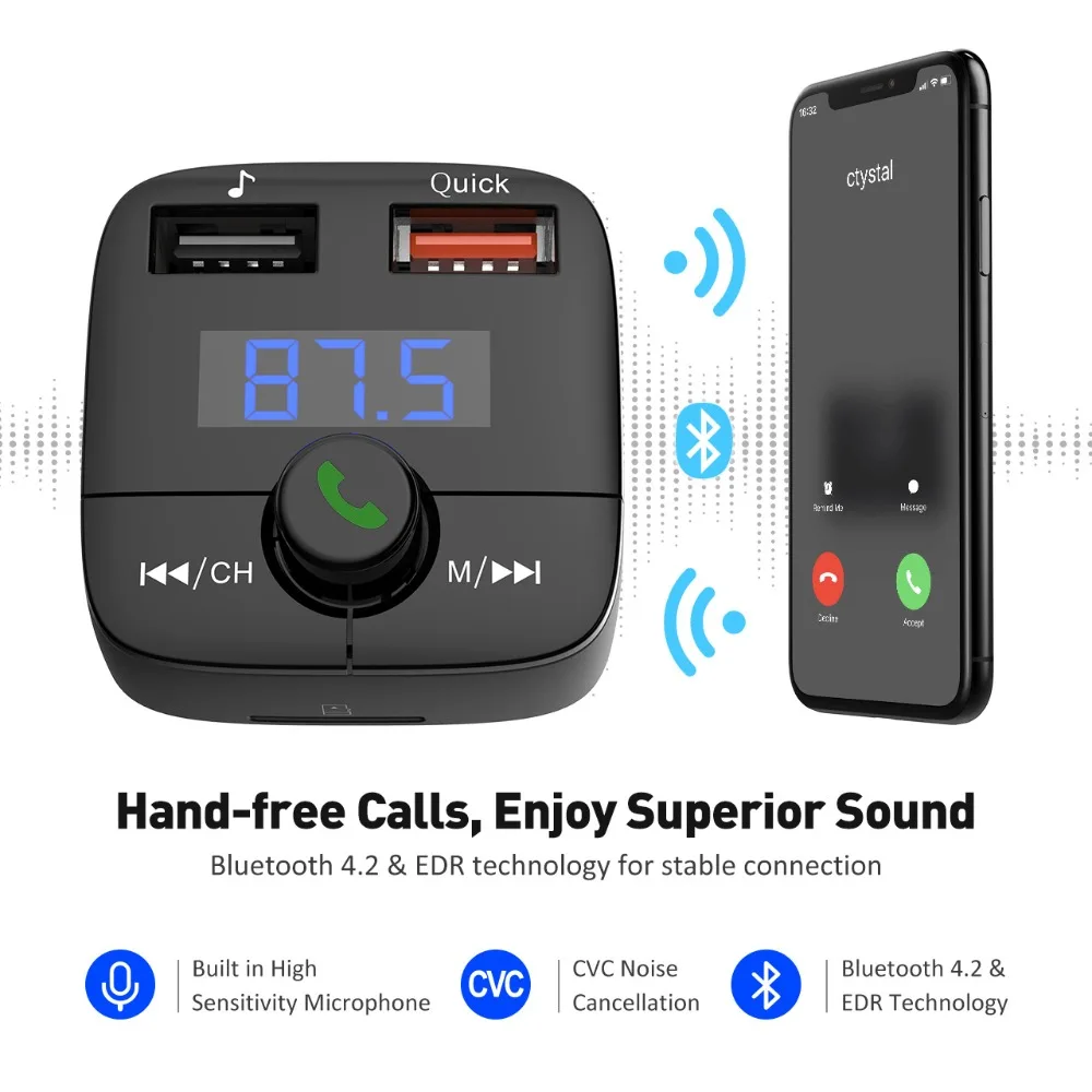 VicTsing Wireless Car Kit Hands-free Radio Transmitter Adapter Bluetooth FM Transmitter USB Car Charger Micro SD TF Music Player (14)