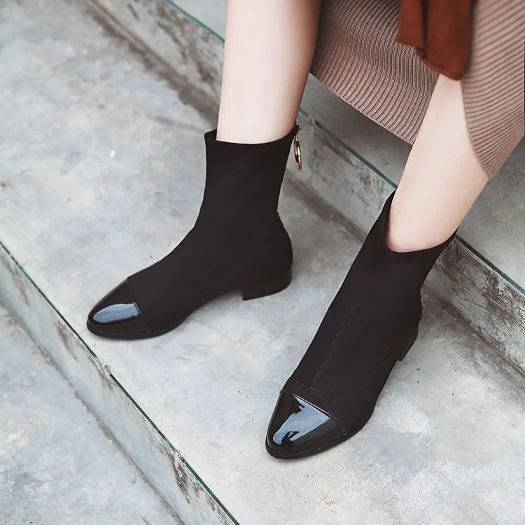 

Big Size 11 12 13 14 15 16 17Ladies with low heels, thick and pointed toes, warm matching colour, mid-boot rear zipper