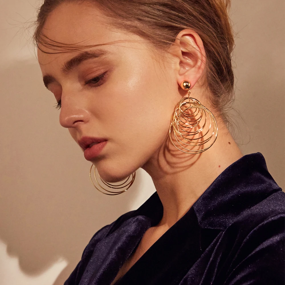 

Vienkim 2018 Round Big Circle Gold Multilayer Vintage Dangle Earrings Metal Jewelry Party Statement Charm Earrings