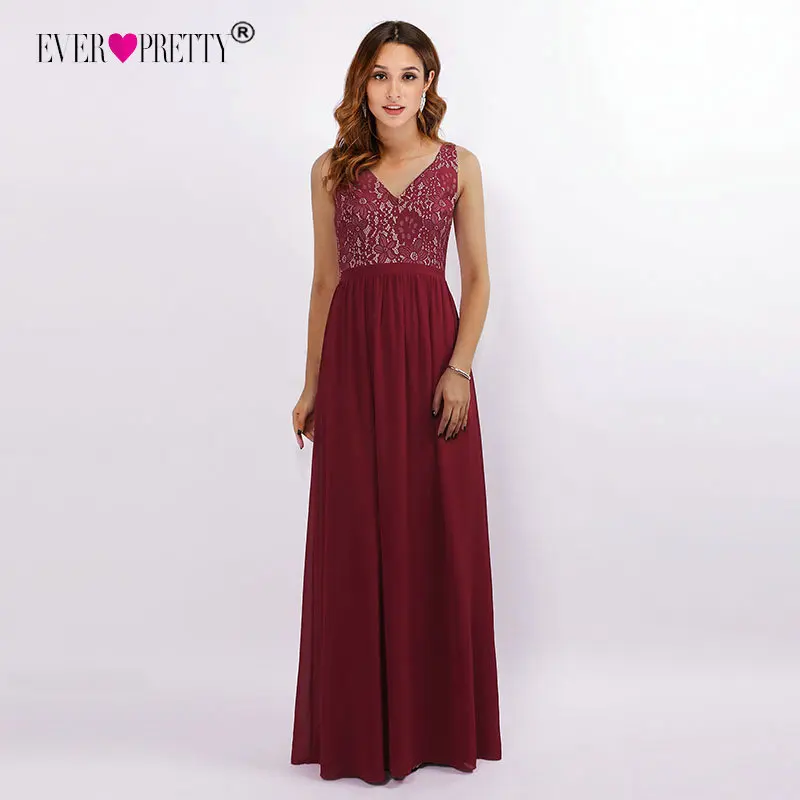 

Burgundy Evening Dresses Long 2018 Ever Pretty EZ07593 Elegant V-neck A-line Lace Sleeveless Robe De Soiree Sexy Long Party Gown