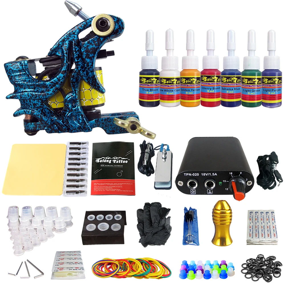 

Hybrid Complete Tattoo Coil Machine Kit For Liner Shader Power Supply Foot Pedal Needles Grip Tips Tattoo Body&Art TK105-13