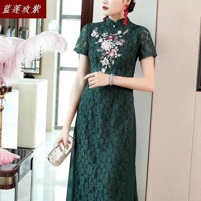

cheongsam female 2019 summer new lace embroidery slim qipao womens retro Chinese wind Elegant temperament long dress female