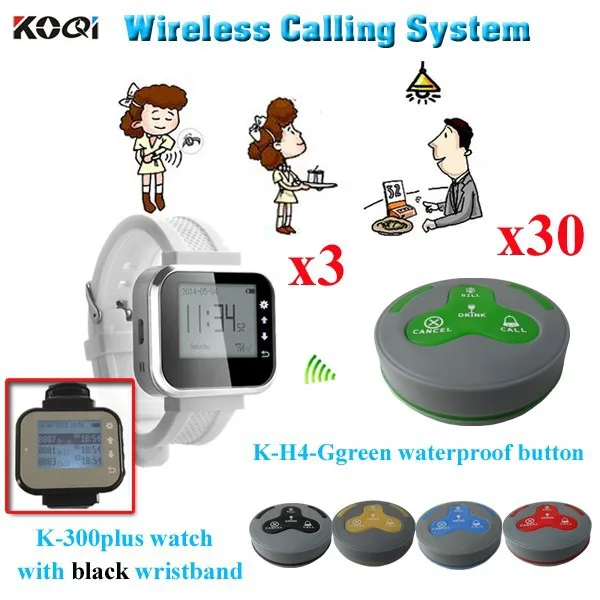 K-300plus+K-H4-Ggreen 3+30 Calling System Hot Sell Newest Wrist Watch Paging Equipment For Restaurant( 3pcs watch receiver + 30pcs waterproof call button)