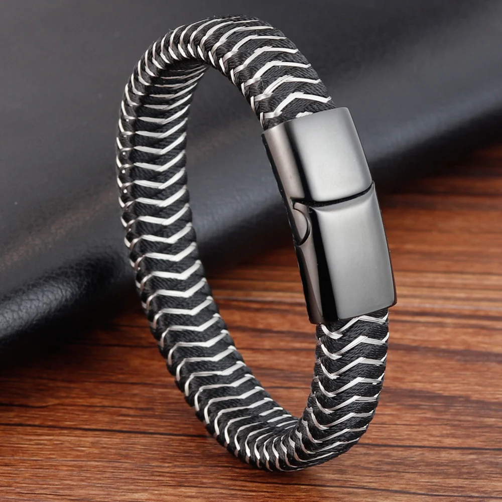 Панк Резьбовая пуговица металлический ткацкий браслет для мужчин и женщин нержавеющая сталь Twining классический стиль Шарм черный Высокое качество