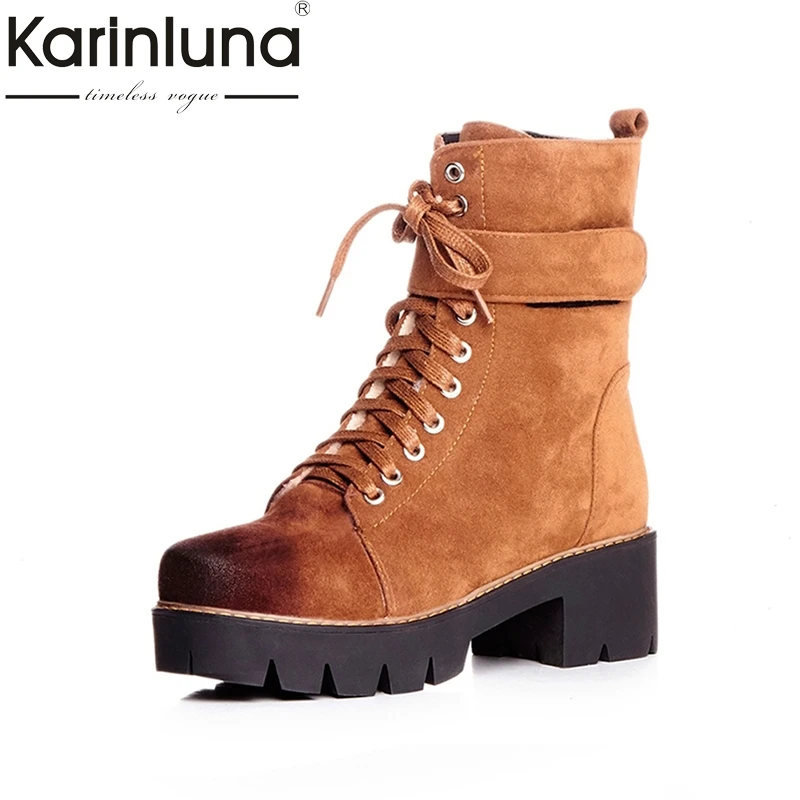 

KARINLUNA 2018 large size 33-42 Martin Boots Women Fashion winter Shoes Woman Square med Heels Ankle Boots add fur Platform
