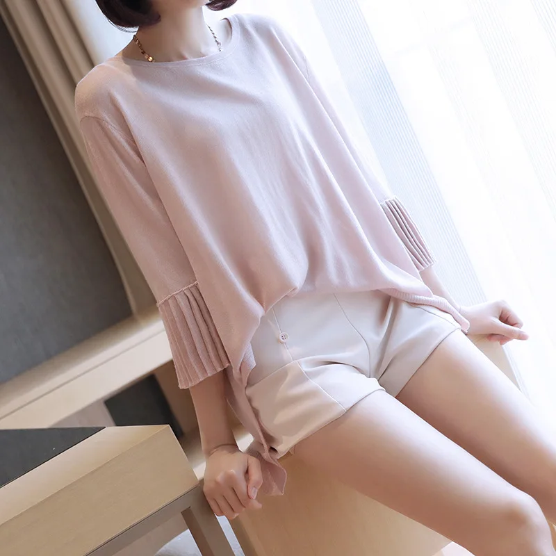 

Summer long section ice silk sweater women's sunscreen thin blouse loose wild trumpet sleeve