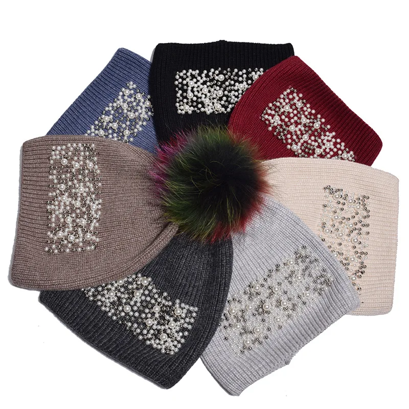 Women Winter Hat Wool Knit Raccoon Pom Pom Cap Warm Ski Outdoor Accessory  (4)