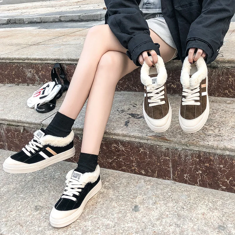 

2018 Autumn Winter Plus Velvet Sneakers Women Flat Warm Cotton Shoes Running Shoes Female Lace Up Tennis Shoes Walking Shoes