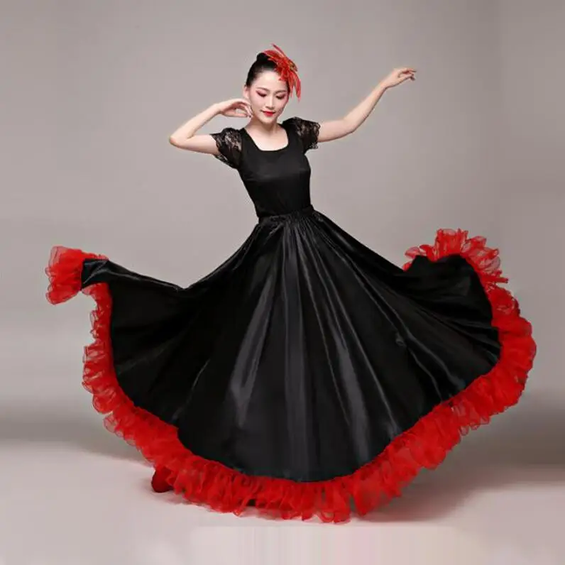 Танцевальная юбка для фламенко, золотой испанский танцевальный костюм для выступлений, женское платье для фламенко, 360-720 градусов размера плюс - Цвет: Black 360 Degree