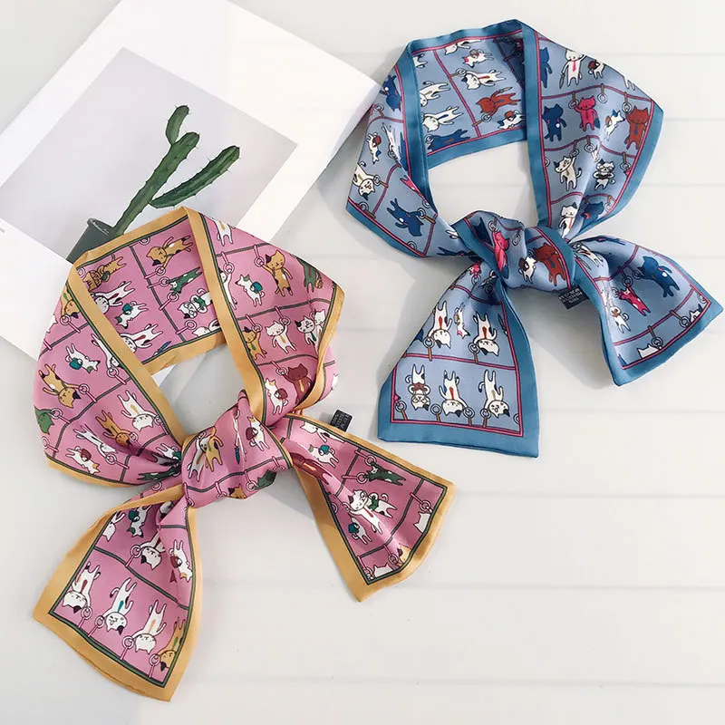 New Original Retro Small Scarf Women Fashion Wild Spring Cute Cat Tied Bag Handle Streamer Hijab Hair Band Decorative Scarve