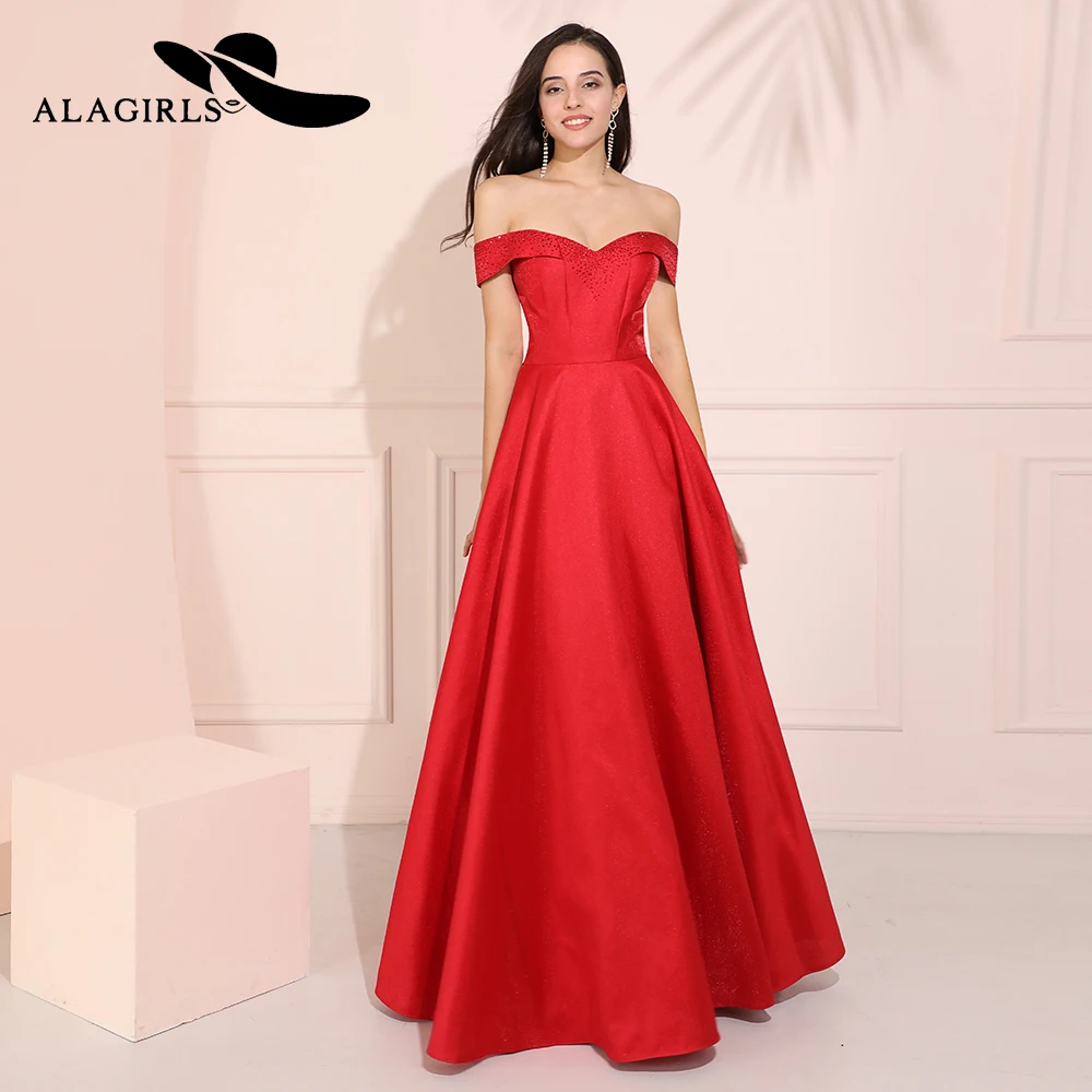 

Alagirls Burgundy Satin Prom Dresses 2020 A Line Off Shoulder Evening Dress Vestido de fiesta Formal Party Dresses Robes de bal