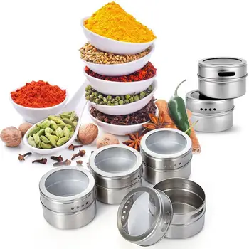 

9pcs 12pcs a Set Seasoning Boxes Magnetic Dustproof Visible Stainless Steel Spice Can Seasoning Pot Outdoor Barbecue Cruet